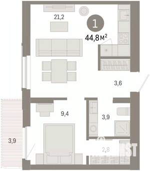 1-к квартира, вторичка, 45м2, 5/16 этаж