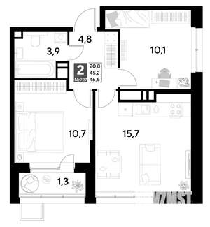 2-к квартира, строящийся дом, 47м2, 10/21 этаж