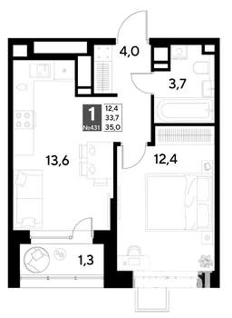 1-к квартира, строящийся дом, 35м2, 20/21 этаж
