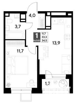 1-к квартира, строящийся дом, 35м2, 17/21 этаж