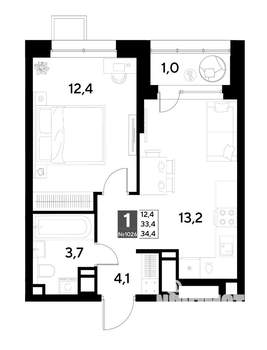 1-к квартира, строящийся дом, 34м2, 18/21 этаж