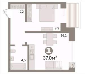 1-к квартира, вторичка, 37м2, 3/9 этаж