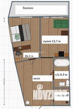 1-к квартира, вторичка, 51м2, 5/14 этаж
