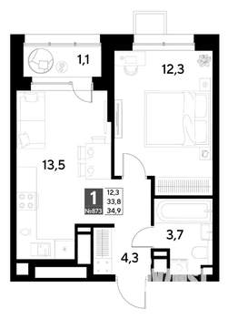 1-к квартира, строящийся дом, 35м2, 6/21 этаж