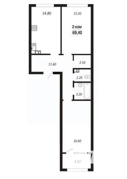2-к квартира, строящийся дом, 69м2, 9/14 этаж
