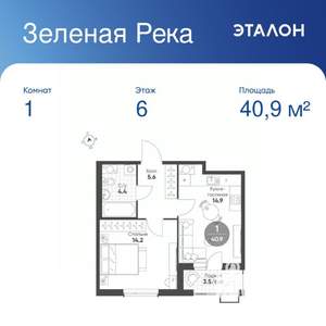 1-к квартира, вторичка, 41м2, 6/10 этаж