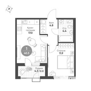 1-к квартира, вторичка, 40м2, 9/15 этаж