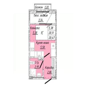 1-к квартира, строящийся дом, 20м2, 7/8 этаж
