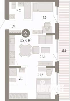 2-к квартира, вторичка, 59м2, 8/9 этаж