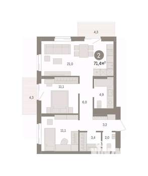 2-к квартира, вторичка, 71м2, 7/14 этаж