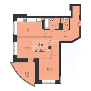 2-к квартира, сданный дом, 62м2, 13/16 этаж