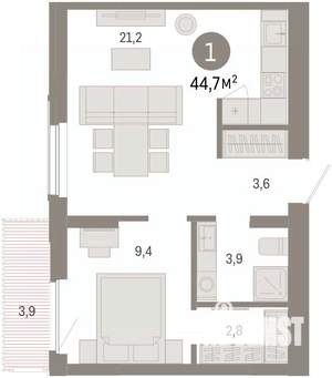 1-к квартира, вторичка, 45м2, 7/16 этаж