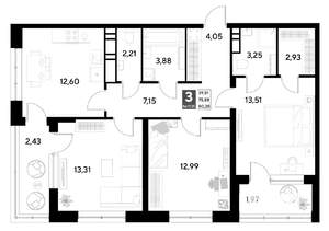 3-к квартира, строящийся дом, 80м2, 7/22 этаж