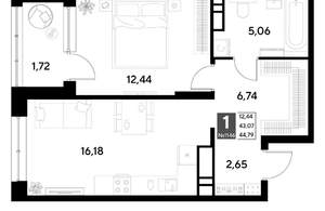 1-к квартира, строящийся дом, 45м2, 8/21 этаж