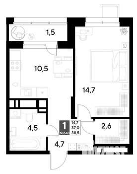 1-к квартира, строящийся дом, 39м2, 4/21 этаж