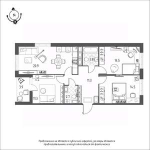 3-к квартира, строящийся дом, 81м2, 10/12 этаж