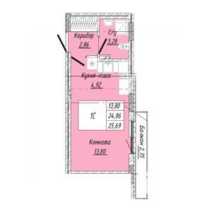 1-к квартира, строящийся дом, 26м2, 3/8 этаж