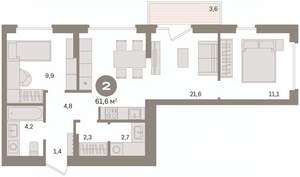 2-к квартира, вторичка, 62м2, 3/16 этаж