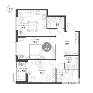 2-к квартира, вторичка, 65м2, 12/14 этаж