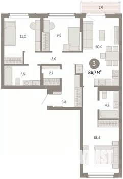 3-к квартира, вторичка, 87м2, 3/8 этаж