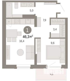 1-к квартира, вторичка, 46м2, 9/9 этаж