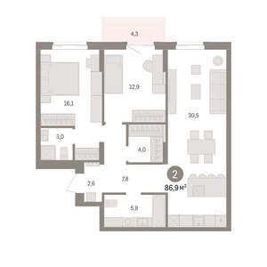 2-к квартира, вторичка, 87м2, 7/14 этаж