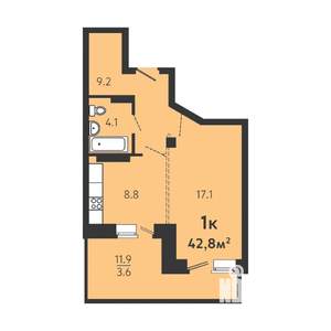 1-к квартира, строящийся дом, 39м2, 2/16 этаж