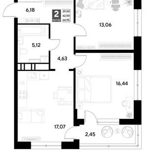 2-к квартира, строящийся дом, 65м2, 7/21 этаж