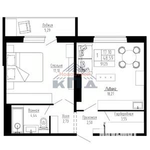 1-к квартира, строящийся дом, 51м2, 13/16 этаж