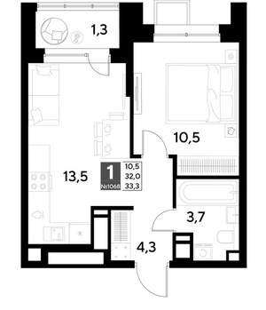 1-к квартира, строящийся дом, 33м2, 21/21 этаж