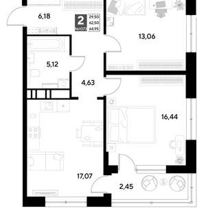 2-к квартира, строящийся дом, 65м2, 1/21 этаж