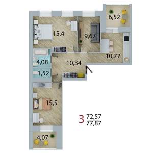 3-к квартира, сданный дом, 73м2, 1/10 этаж