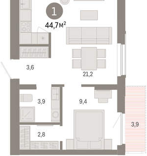 1-к квартира, вторичка, 45м2, 6/16 этаж