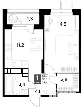 1-к квартира, строящийся дом, 37м2, 13/21 этаж