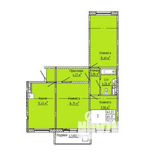3-к квартира, строящийся дом, 71м2, 3/10 этаж