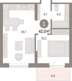 1-к квартира, вторичка, 42м2, 7/9 этаж
