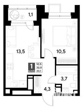 1-к квартира, строящийся дом, 33м2, 10/21 этаж