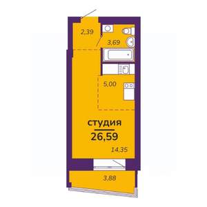 Студия квартира, вторичка, 27м2, 3/9 этаж