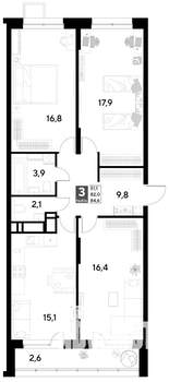3-к квартира, строящийся дом, 85м2, 2/21 этаж