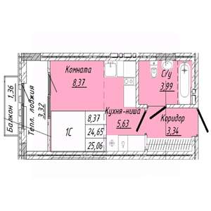 1-к квартира, строящийся дом, 25м2, 7/8 этаж