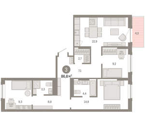 3-к квартира, вторичка, 87м2, 8/9 этаж