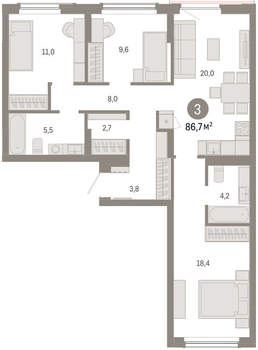 3-к квартира, вторичка, 87м2, 3/16 этаж