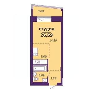 Студия квартира, вторичка, 27м2, 6/9 этаж