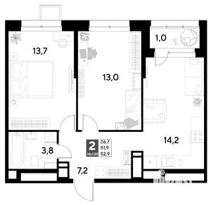 2-к квартира, строящийся дом, 53м2, 12/21 этаж