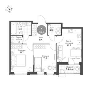 2-к квартира, строящийся дом, 56м2, 4/15 этаж