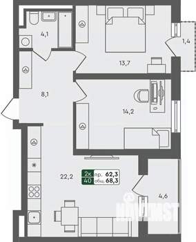 2-к квартира, строящийся дом, 68м2, 3/4 этаж