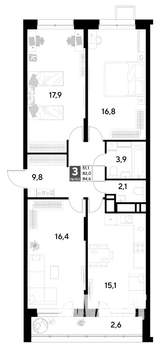 3-к квартира, строящийся дом, 85м2, 13/21 этаж