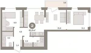 2-к квартира, вторичка, 62м2, 3/16 этаж