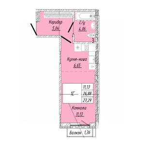 1-к квартира, строящийся дом, 27м2, 3/8 этаж