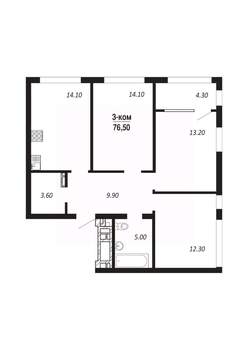 3-к квартира, строящийся дом, 77м2, 8/16 этаж
